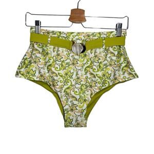Palm Swim New Green White Paisley Belted High Waisted Bikini Bottom 3 Large